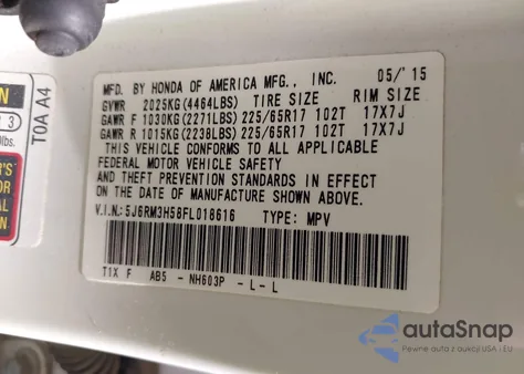 2015 Honda Cr-V Ex from USA, damaged, VIN 5J6RM3H58FL018616